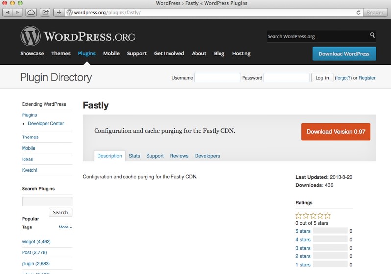 Screenshot from the Wordpress Directory to install Fastly.