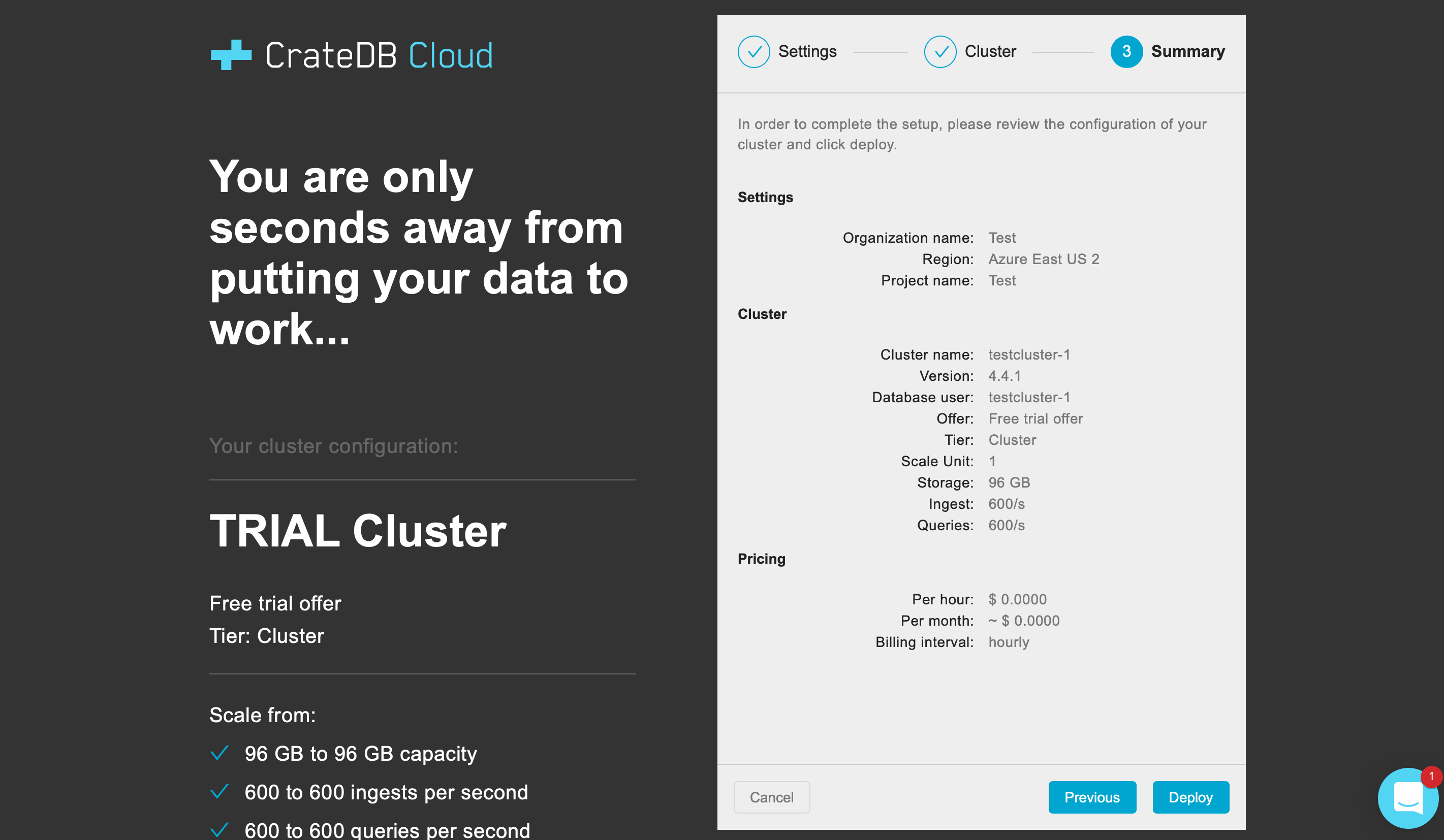 CrateDB Cloud Free Trial Summary Screen
