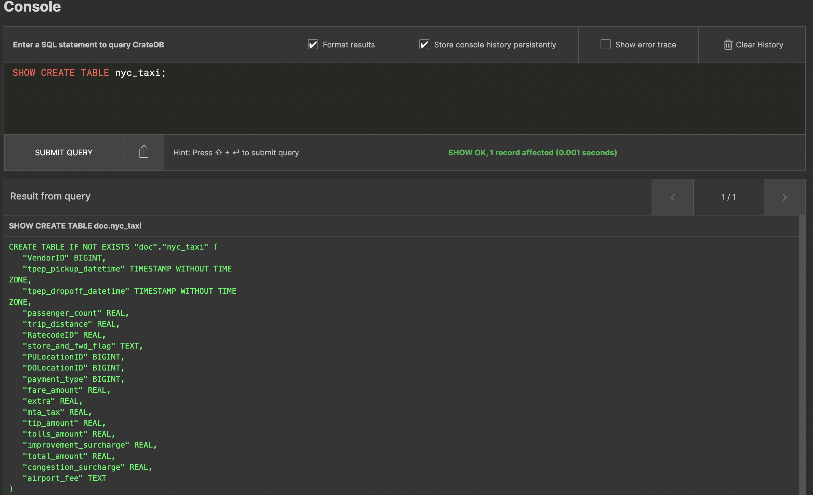 CrateDB Console: SHOW CREATE TABLE nyc_taxi;