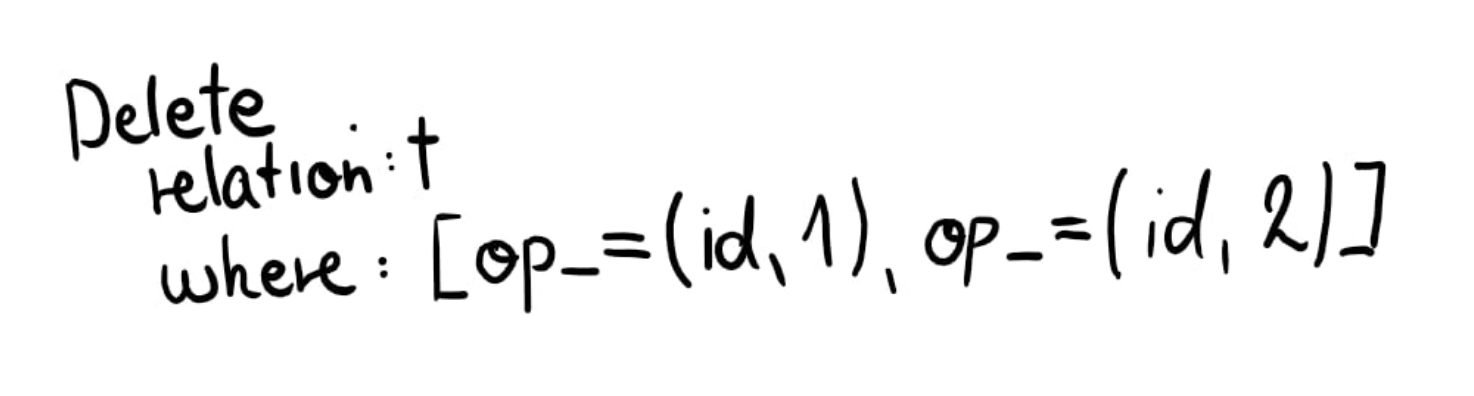 Delete relation:t where:[op_=(id,1),op_=(id,2)] 
